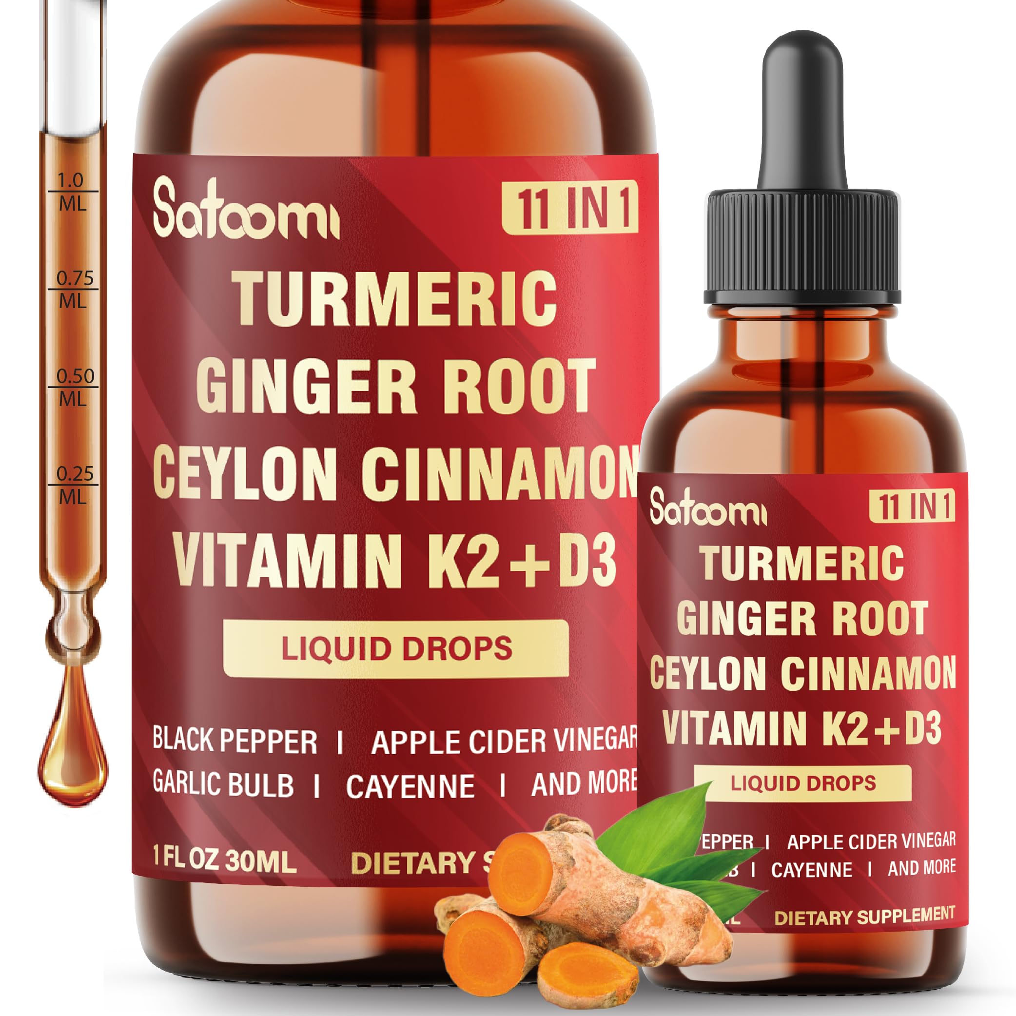 Satoomi 11in1 liquid turmeric bottle shown for daily wellness support.