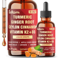 Satoomi 11in1 liquid turmeric bottle shown for daily wellness support.