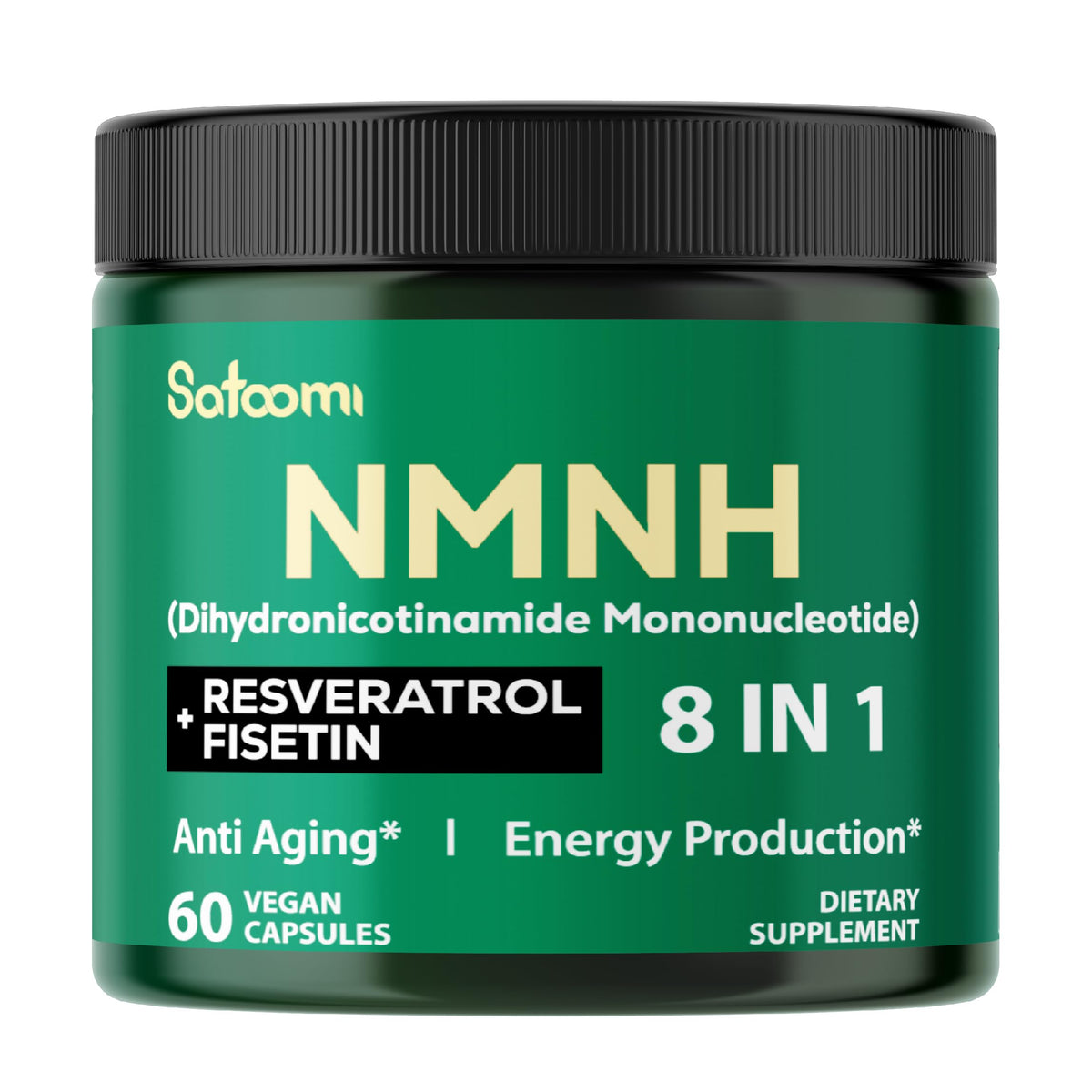 Satoomi 8in1 NMNH bottle front view showcasing the premium NMNH blend for daily vitality