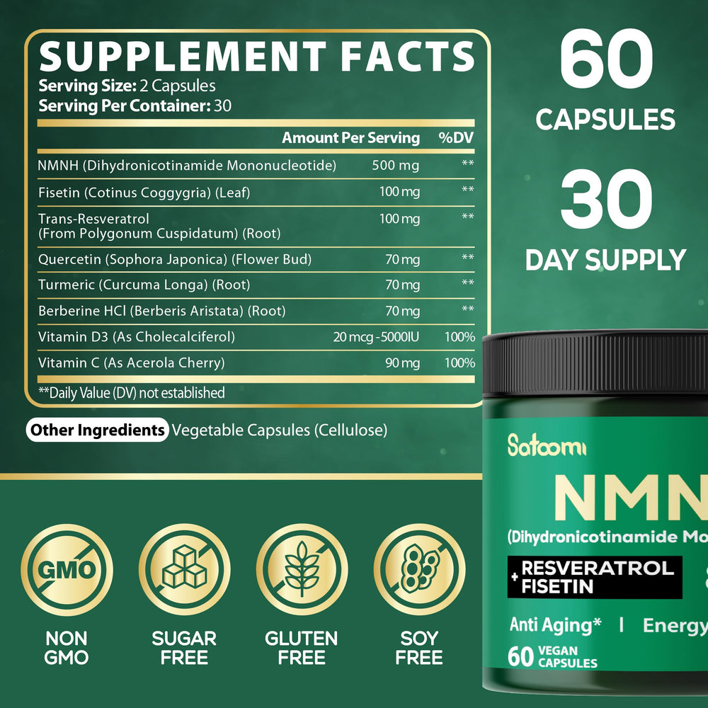 Satoomi 8in1 NMNH bottle label closeup highlights the eight-ingredient formula