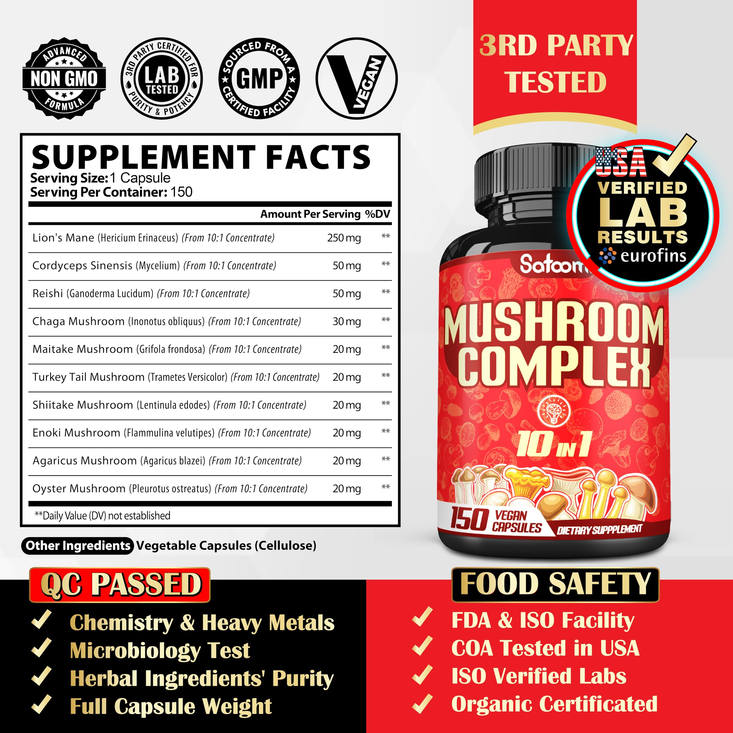 Satoomi capsules closeup shows vegan-friendly mushroom blend for wellness.