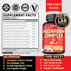 Satoomi capsules closeup shows vegan-friendly mushroom blend for wellness.