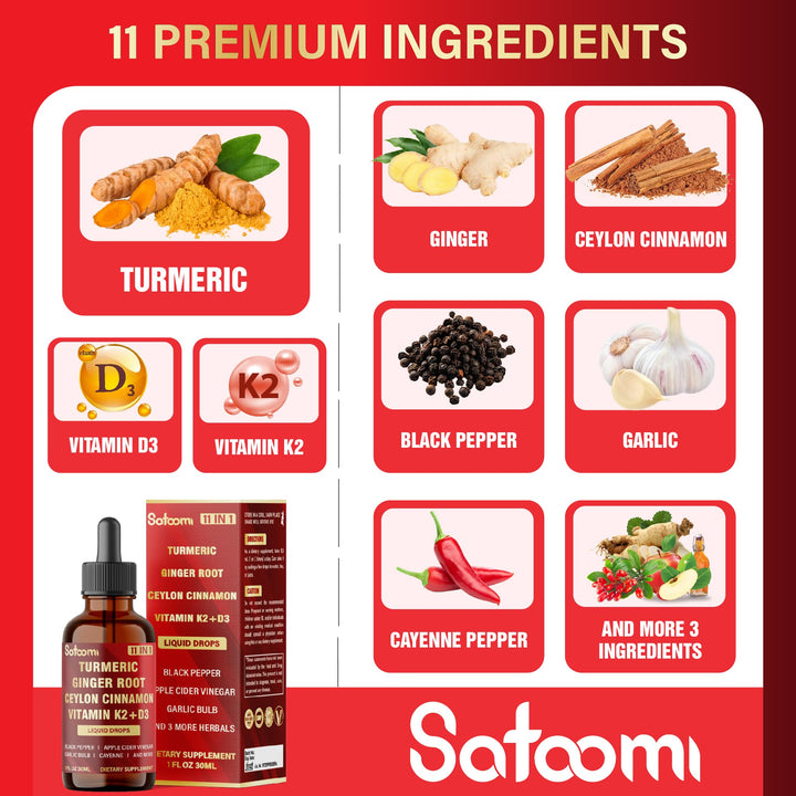 Satoomi ingredients display turmeric, ginger, and garlic for natural wellness.