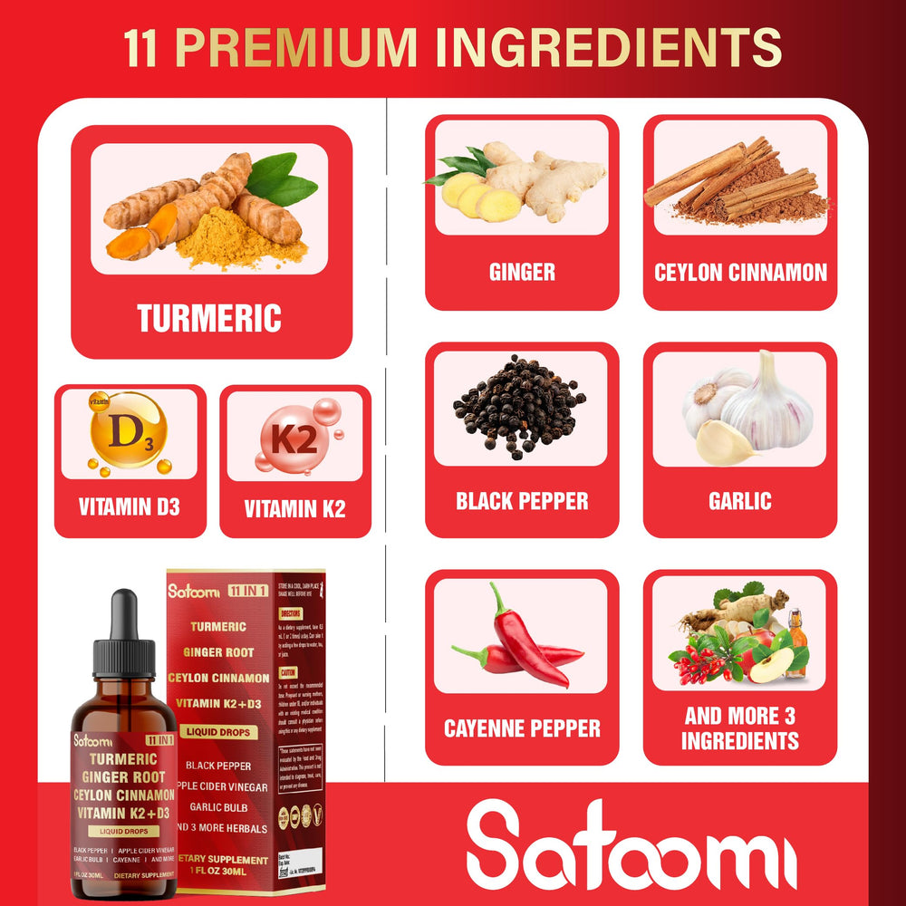 Satoomi ingredients display turmeric, ginger, and garlic for natural wellness.