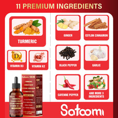 Satoomi ingredients display turmeric, ginger, and garlic for natural wellness.