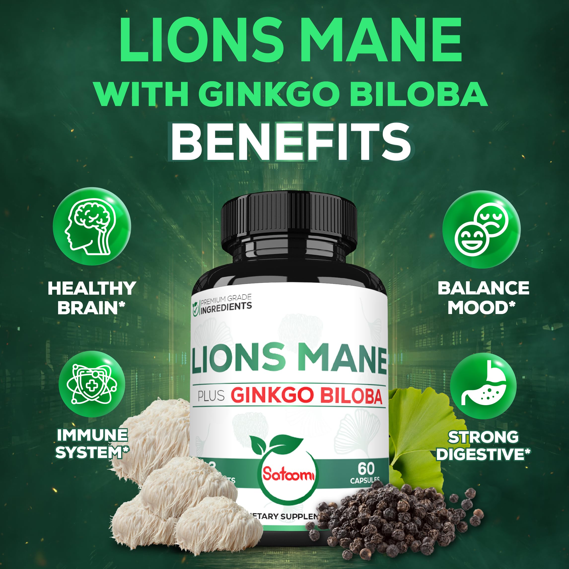 Satoomi Lions Mane bottle seal image signals freshness and quality.