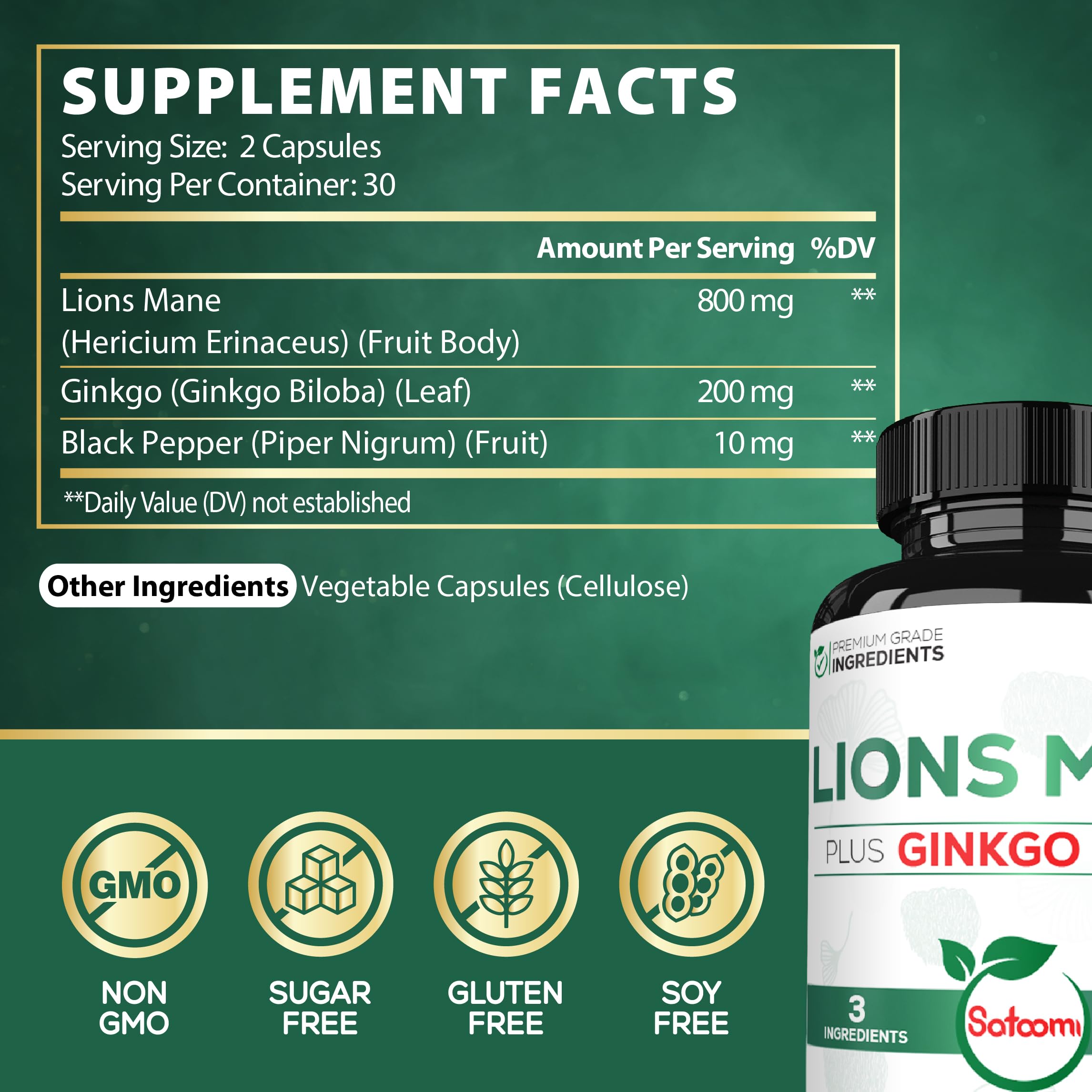 Satoomi Lions Mane capsules closeup highlights easy daily dosing for brain health.