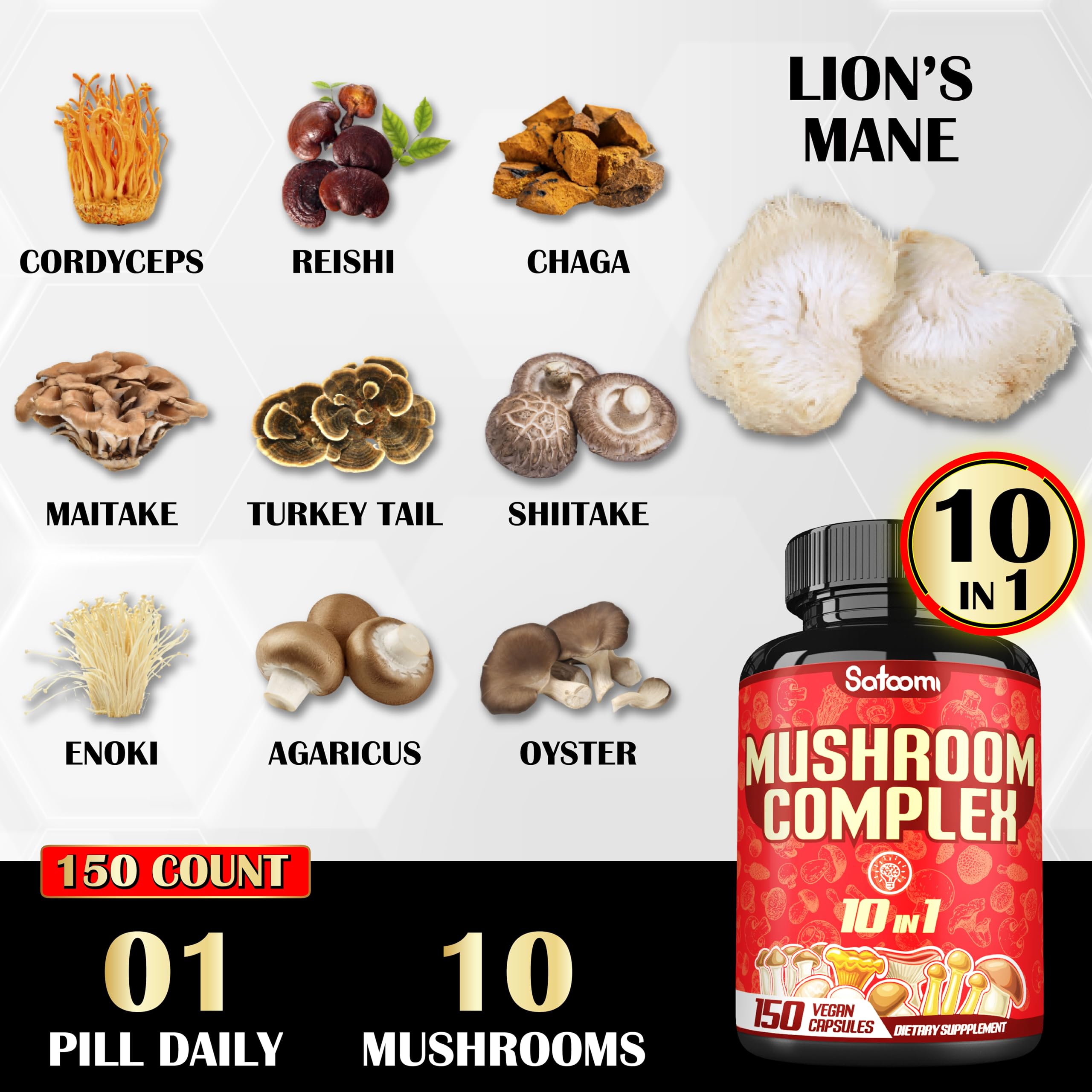Satoomi Lions Mane Cordyceps blend image emphasizes focus.