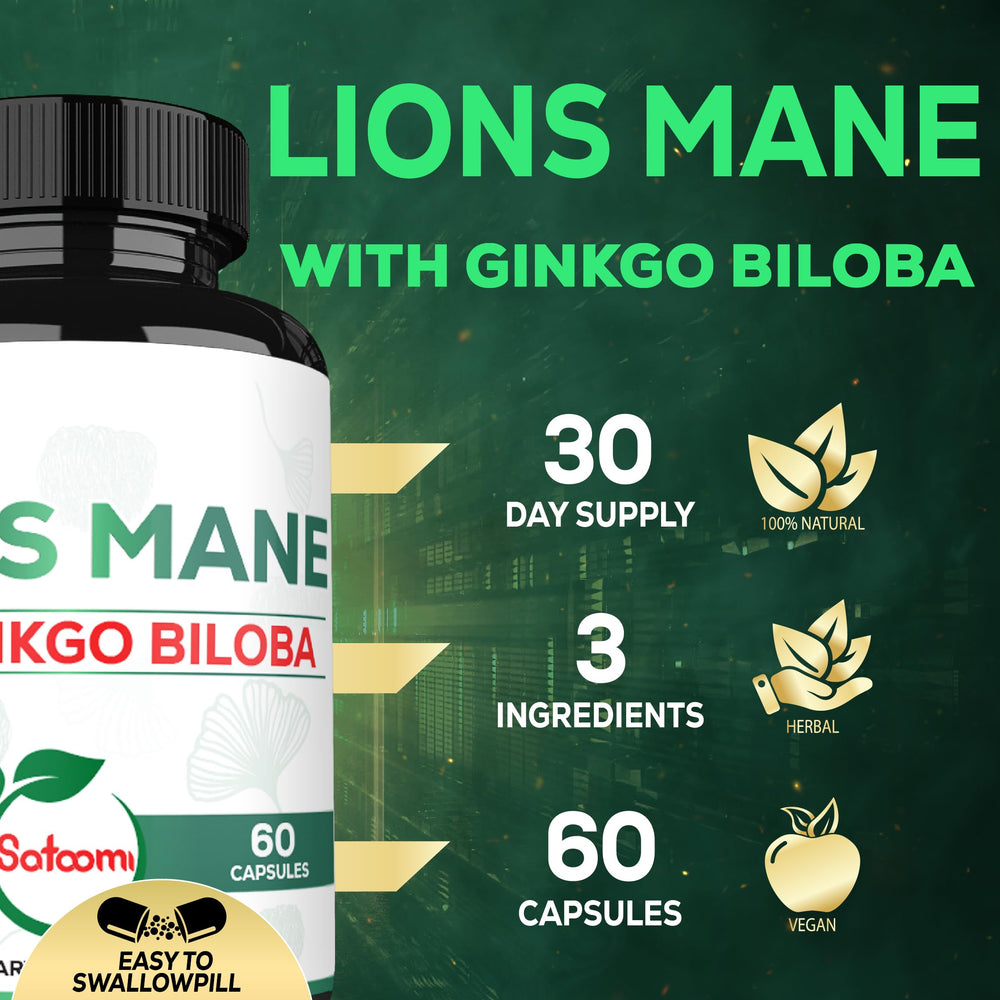 Satoomi Lions Mane with Ginkgo extract label showcases gluten-free, non-GMO formula.
