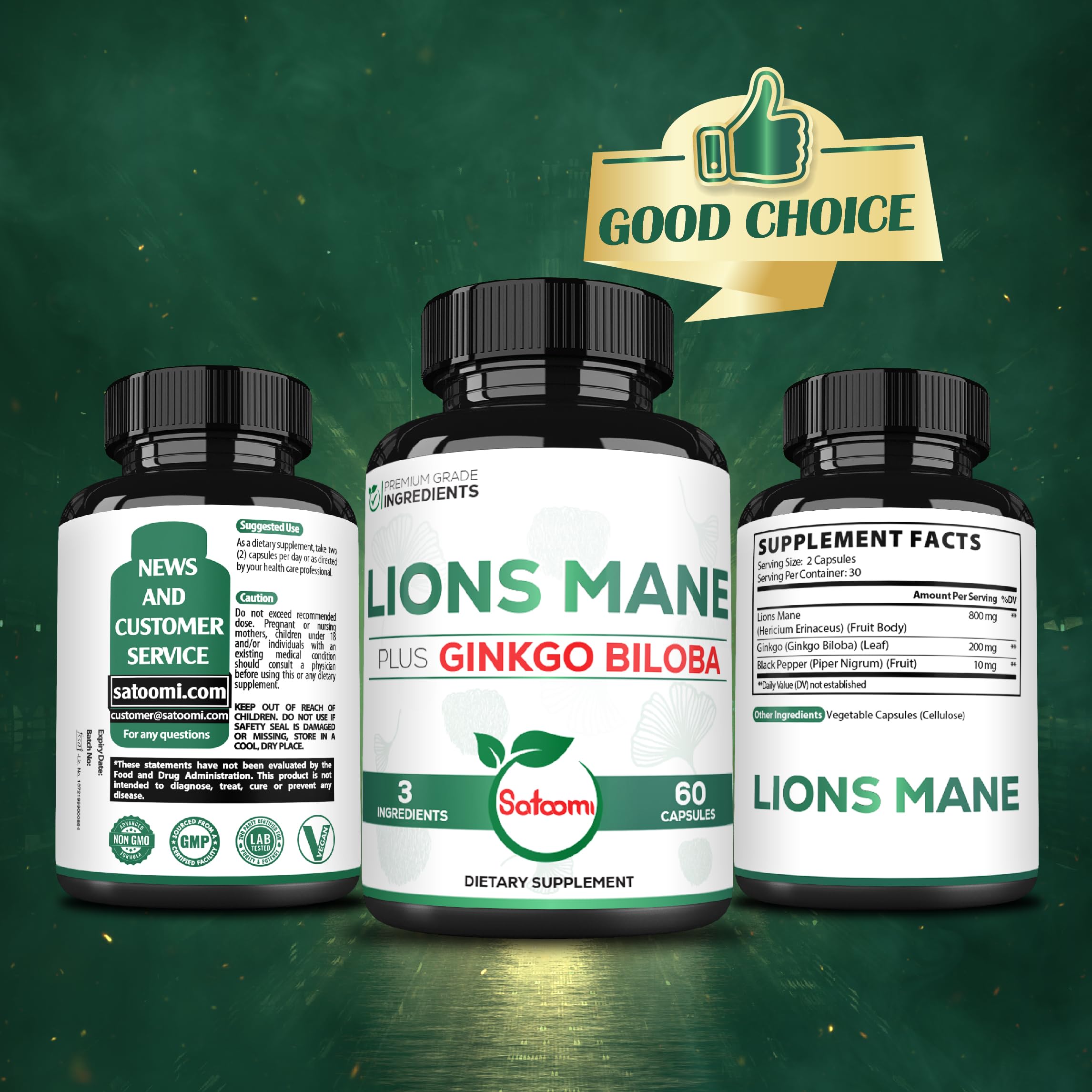 Satoomi Lions Mane with water glass demonstrates easy capsule intake.