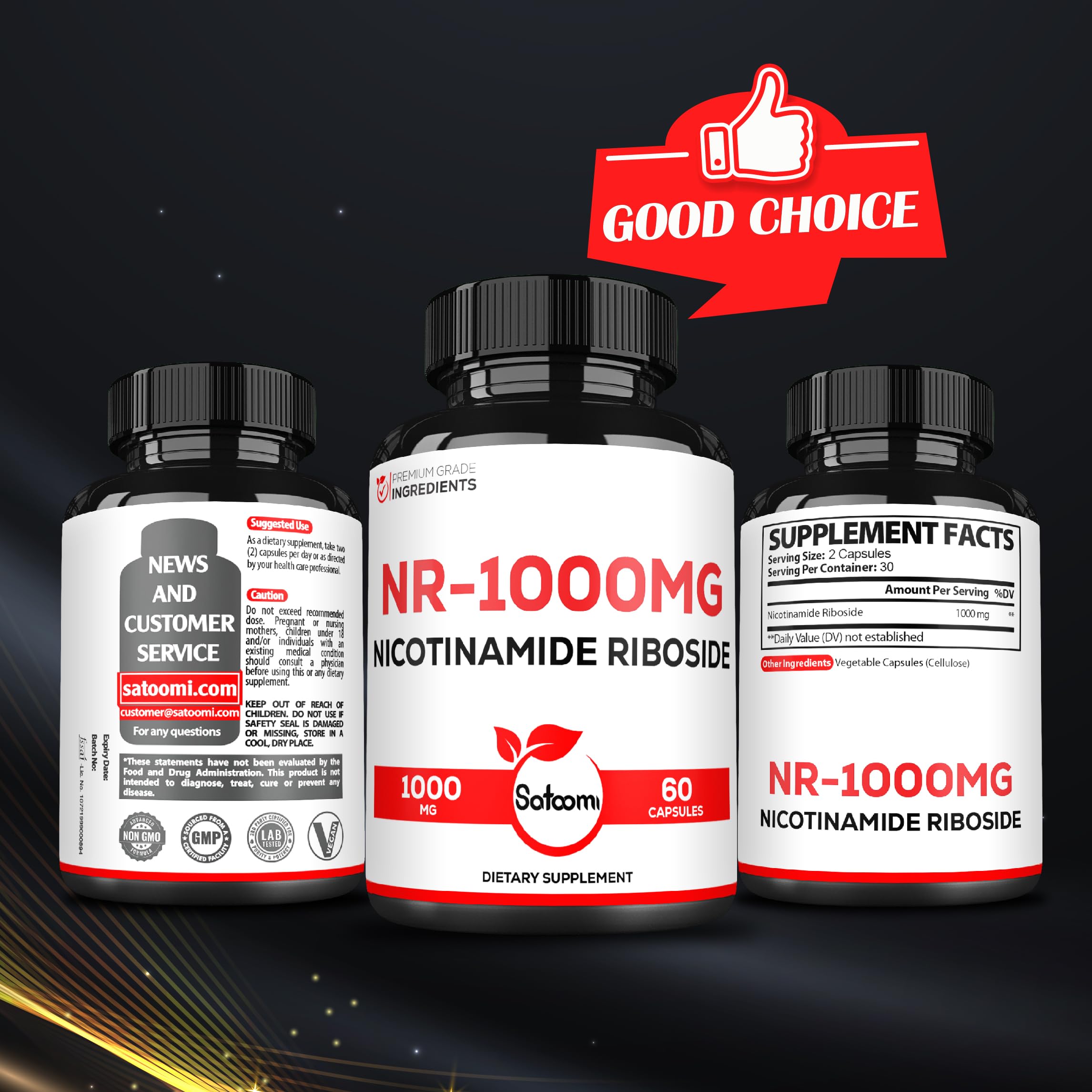 Satoomi NAD third-party tested seal highlighting quality verification.