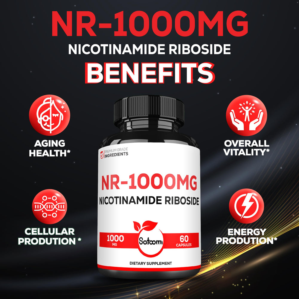 Satoomi NAD vegan-friendly symbol indicates plant-based capsules.