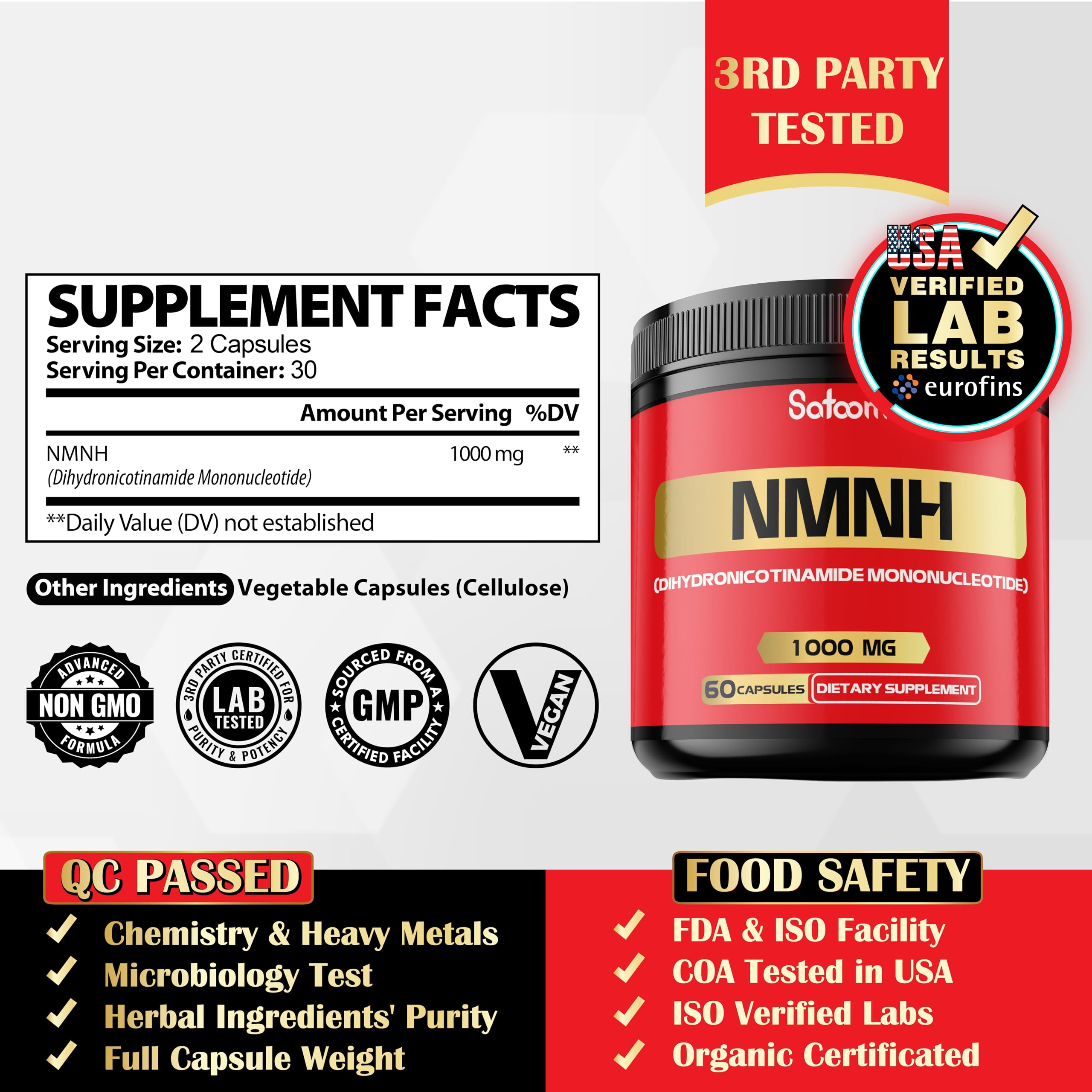 Satoomi NMNH capsules close-up showing vegan formulation