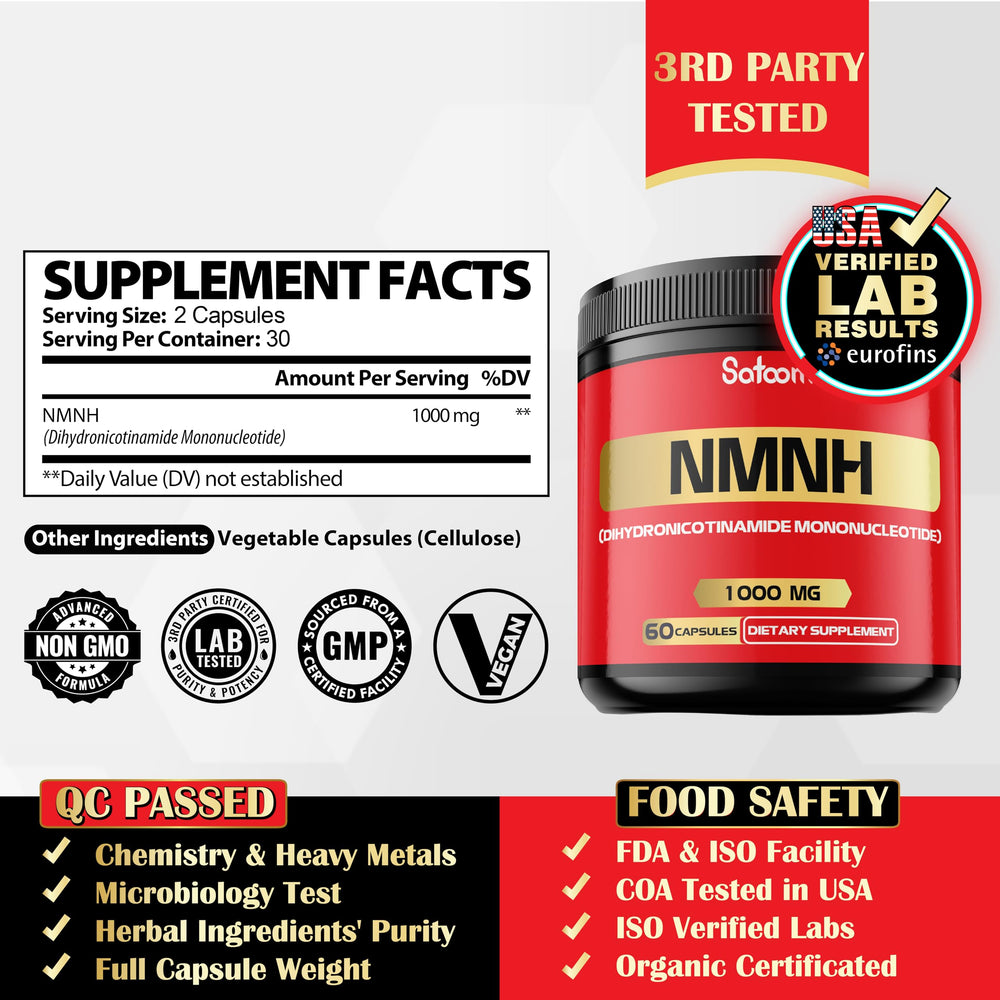 Satoomi NMNH capsules close-up showing vegan formulation