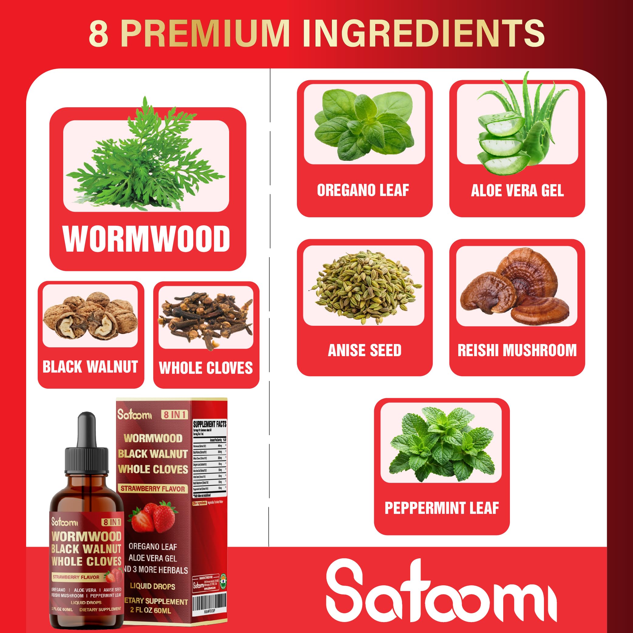 Satoomi wormwood bottle label close-up indicating vegan, non-GMO quality.