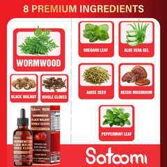 Satoomi wormwood bottle label close-up indicating vegan, non-GMO quality.