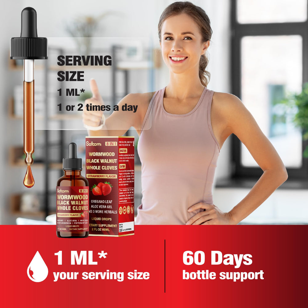 Satoomi wormwood bottle side view emphasizes 60ml capacity for 60 days.