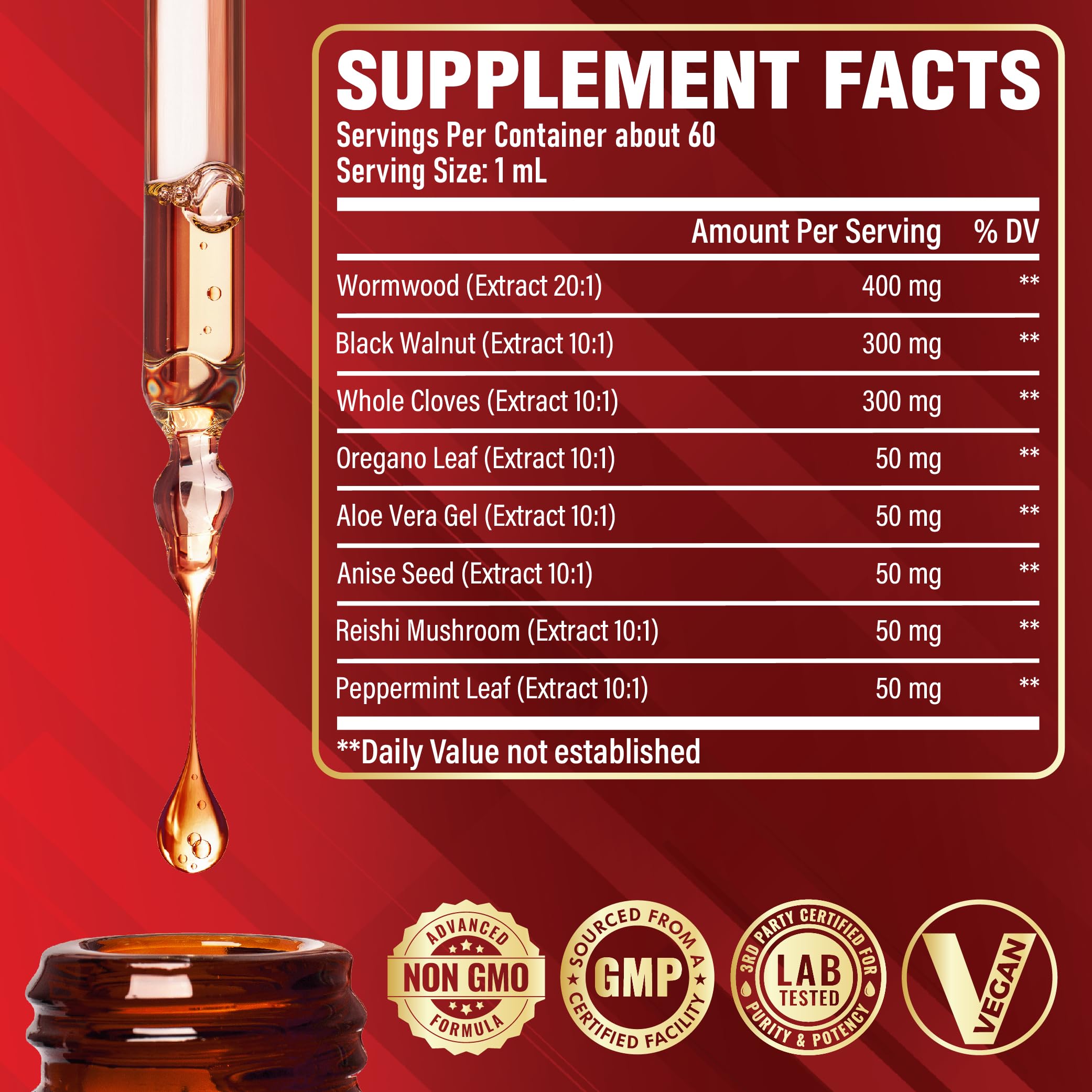 Satoomi wormwood drops pour highlights convenient daily intake.