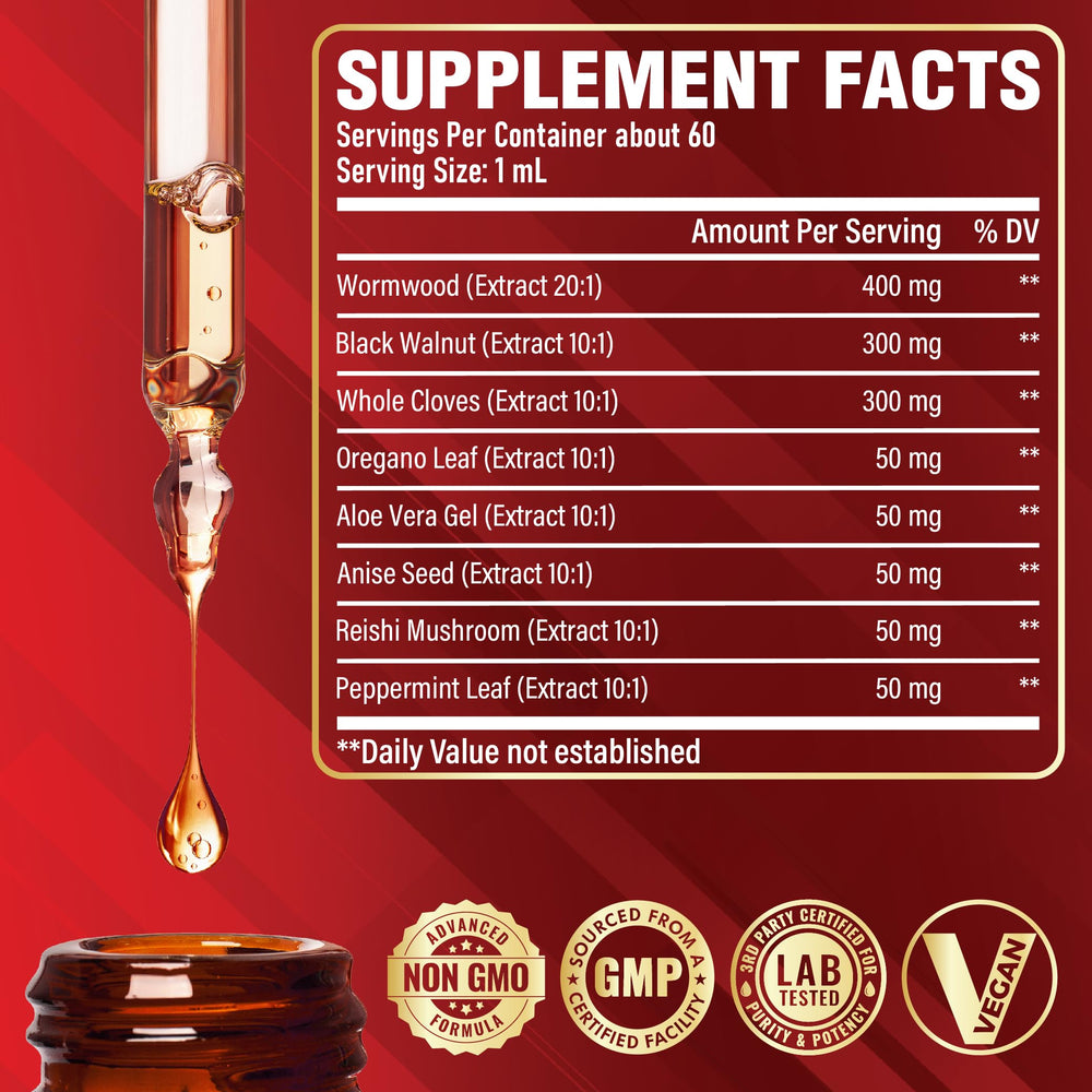 Satoomi wormwood drops pour highlights convenient daily intake.