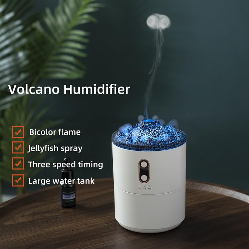 Saunana Volcano Humidifier flame effect mode with red and blue lights creates a cozy ambiance.