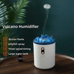 Saunana Volcano Humidifier flame effect mode with red and blue lights creates a cozy ambiance.