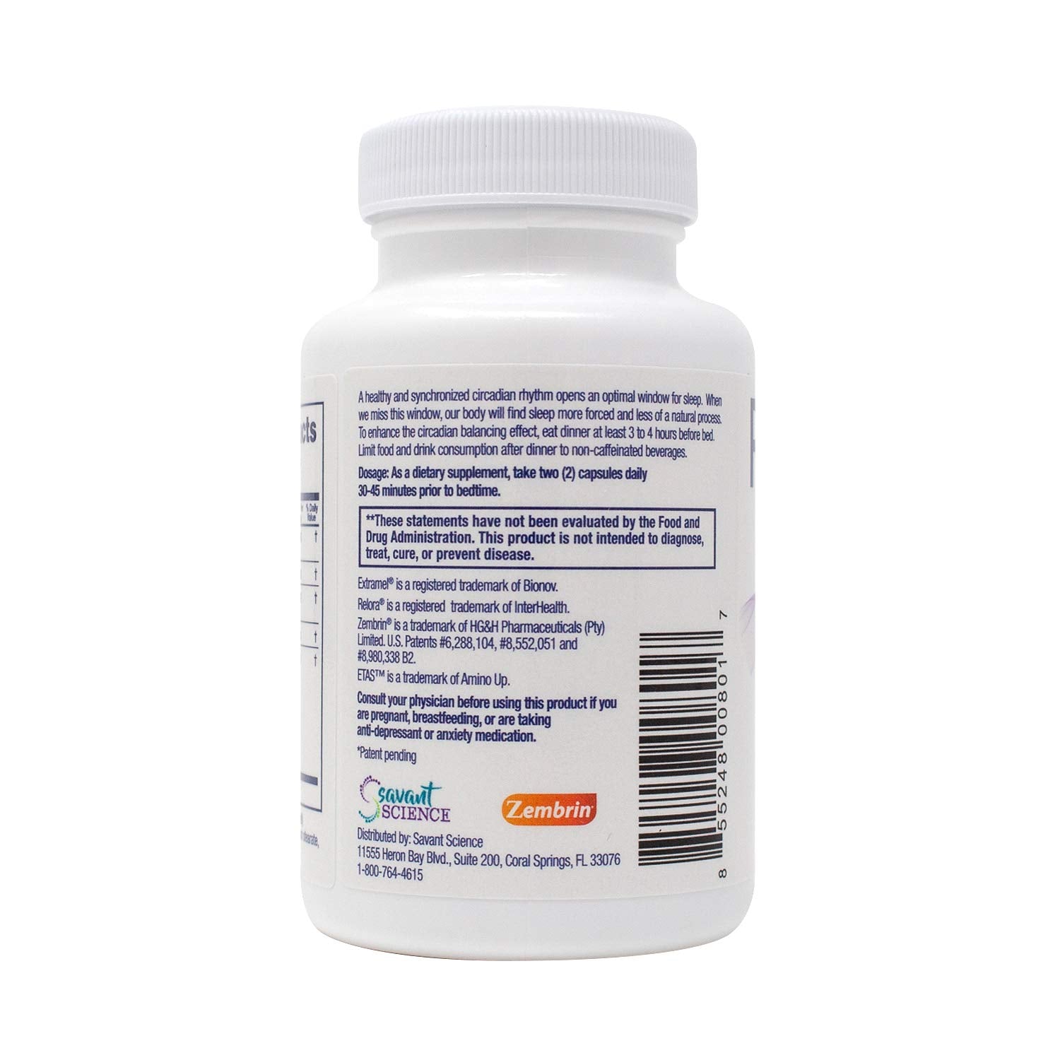 Packaging for Savant Science RestoreZ Stay Asleep highlighting circadian rhythm blend.