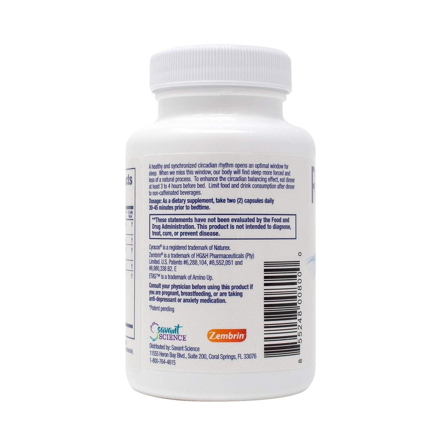 Savant Science RestoreZ bottle with label details highlighting circadian rhythm focus.