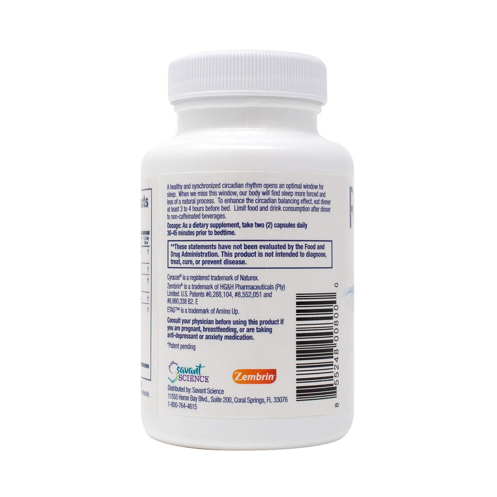 Savant Science RestoreZ bottle with label details highlighting circadian rhythm focus.