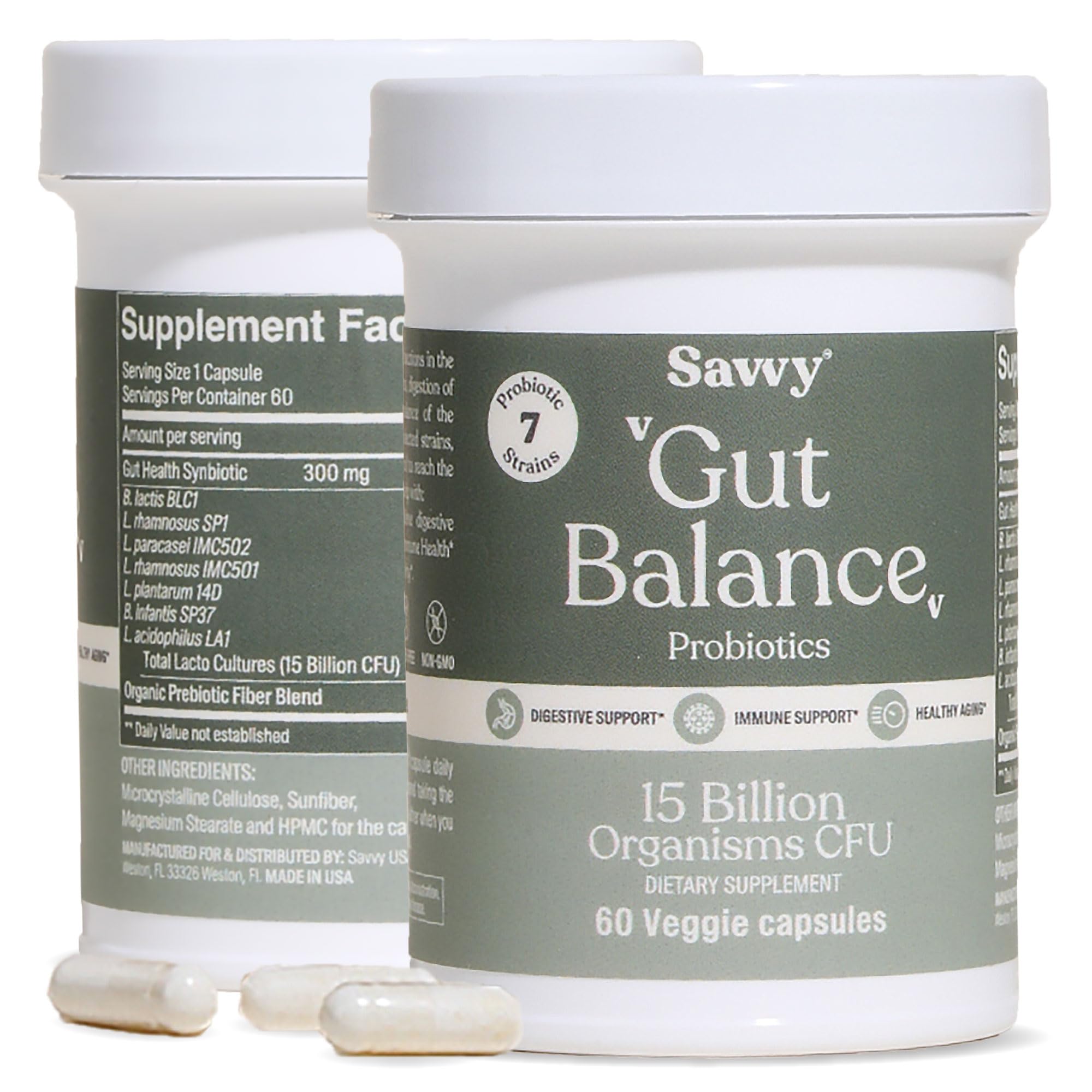 SAVVY Gut Balance Probiotics bottle showing 15B CFU for daily digestive support