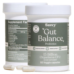 SAVVY Gut Balance Probiotics bottle showing 15B CFU for daily digestive support