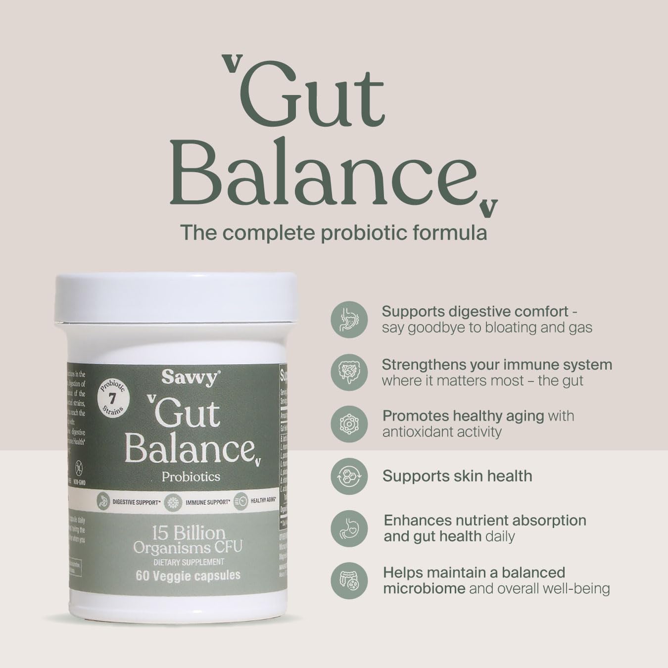 SAVVY Gut Balance Probiotics box highlighting vegan non-GMO formula