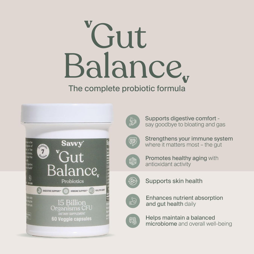 SAVVY Gut Balance Probiotics box highlighting vegan non-GMO formula