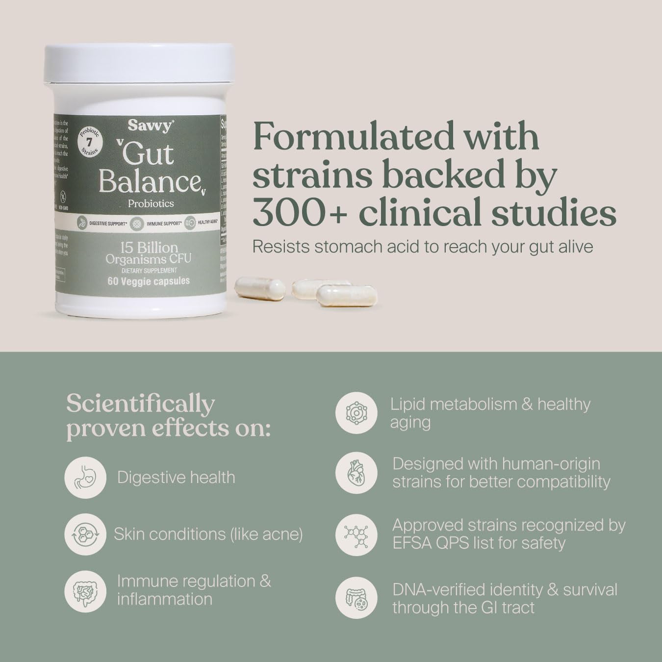 SAVVY Gut Balance Probiotics packaging emphasizing sugar-free and allergen-free formula