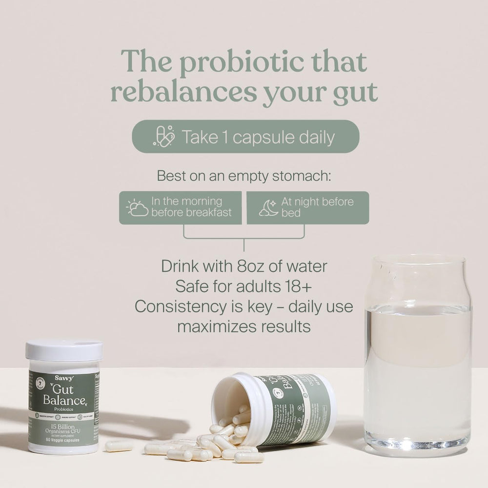 Person taking a SAVVY Gut Balance Probiotics capsule at breakfast for immune support