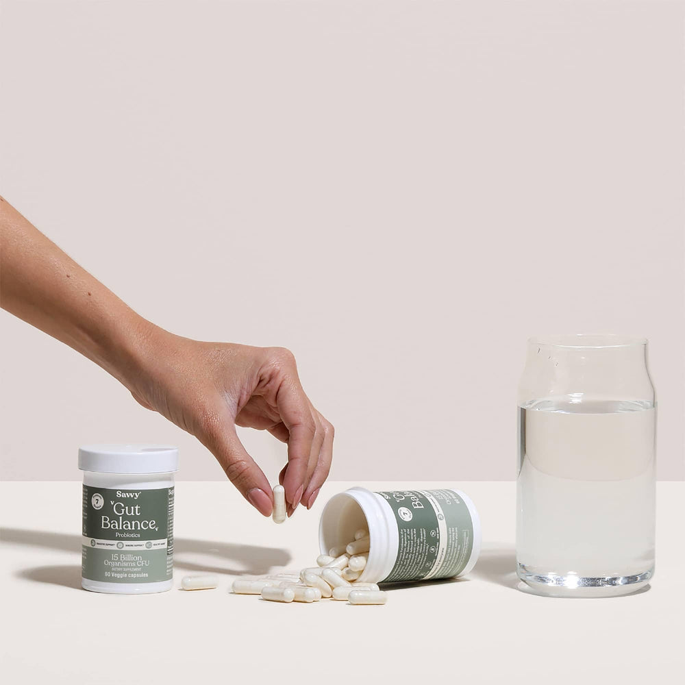 Travel-friendly SAVVY Gut Balance Probiotics bottle ready for on-the-go routines