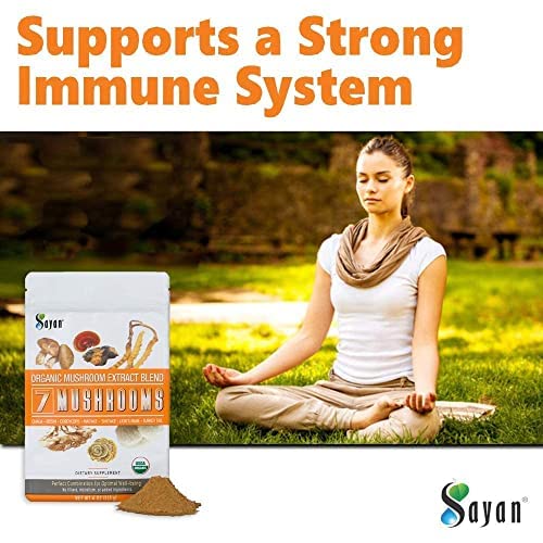 Sayan 7 Mushrooms bottle with coffee, easy morning energy addition.