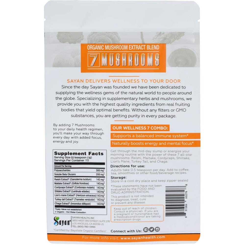 Sayan 7 Mushrooms eco-friendly packaging signals sustainable choice.