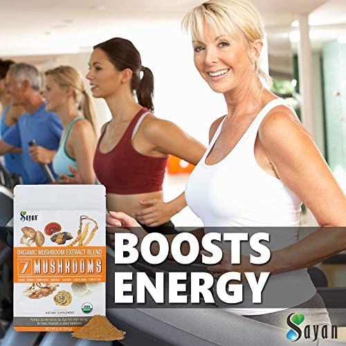 Sayan 7 Mushrooms powder in spoon ready to blend into beverages.