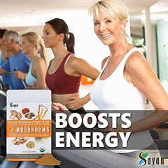 Sayan 7 Mushrooms powder in spoon ready to blend into beverages.