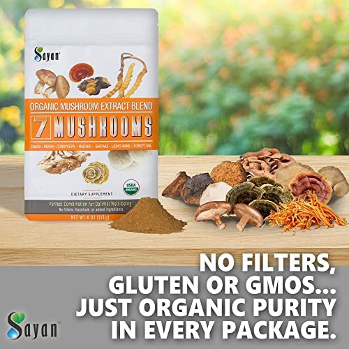 Sayan 7 Mushrooms vegan gluten-free badge indicating plant-based compatibility.
