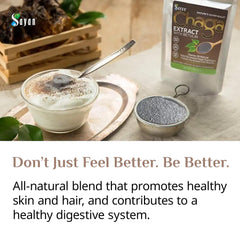 Sayan Chaga bottle label closeup emphasizes organic, caffeine-free wellness options.