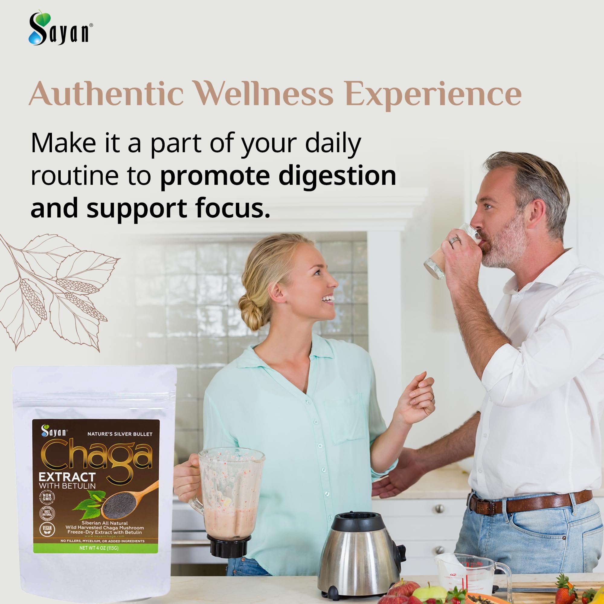 Sayan Chaga extract powder jar reveals potent antioxidants for versatile smoothies.