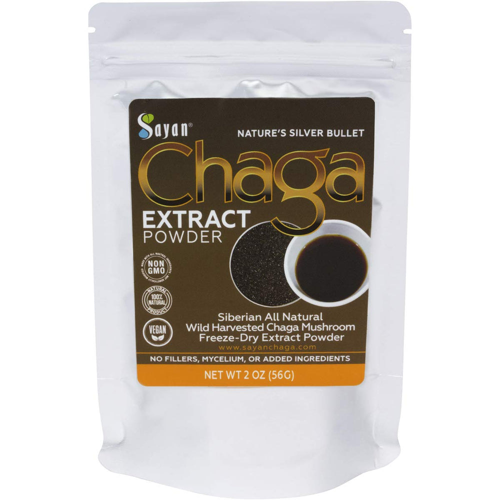 Sayan Chaga extract powder bottle for a caffeine-free, antioxidant-rich boost.