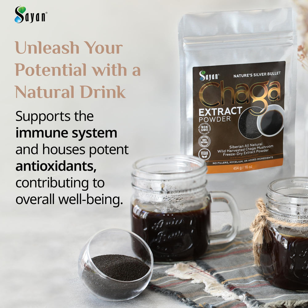Sayan Chaga powder in a cup, highlighting bold earthy flavors.