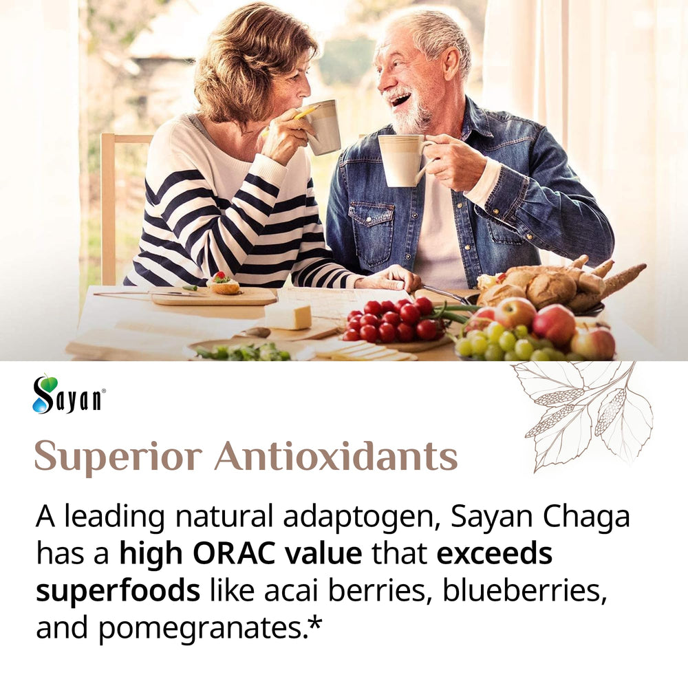 Sayan Chaga powder scoop and cup illustrate versatile preparation options.