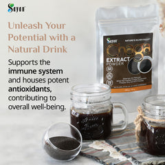 Sayan Chaga powder being poured into a cup emphasizes easy daily use.