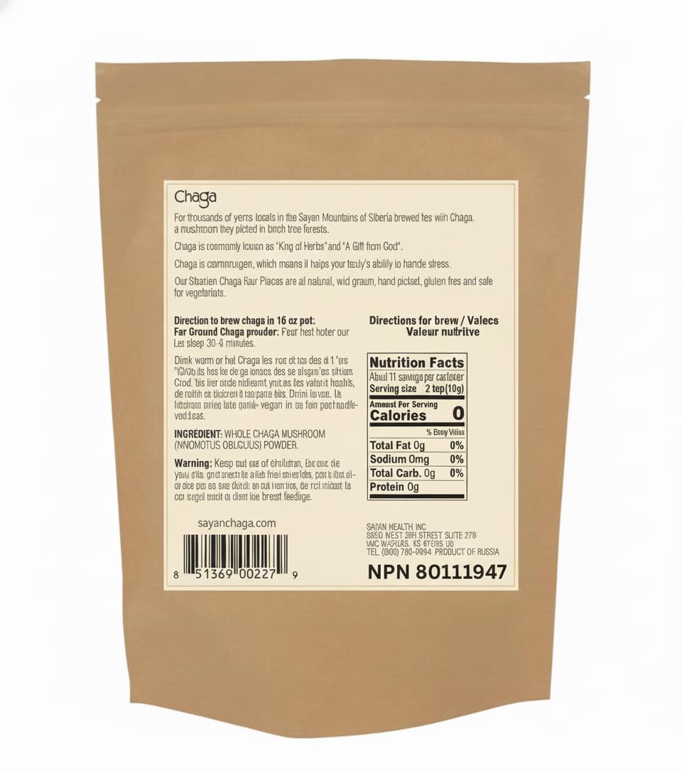 Sayan chaga non-GMO label on packaging clarifies clean ingredients