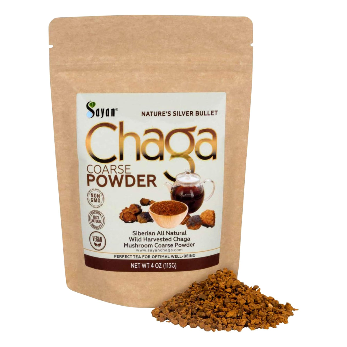 Sayan chaga powder coarse jar shows premium wild harvest for wellness rituals