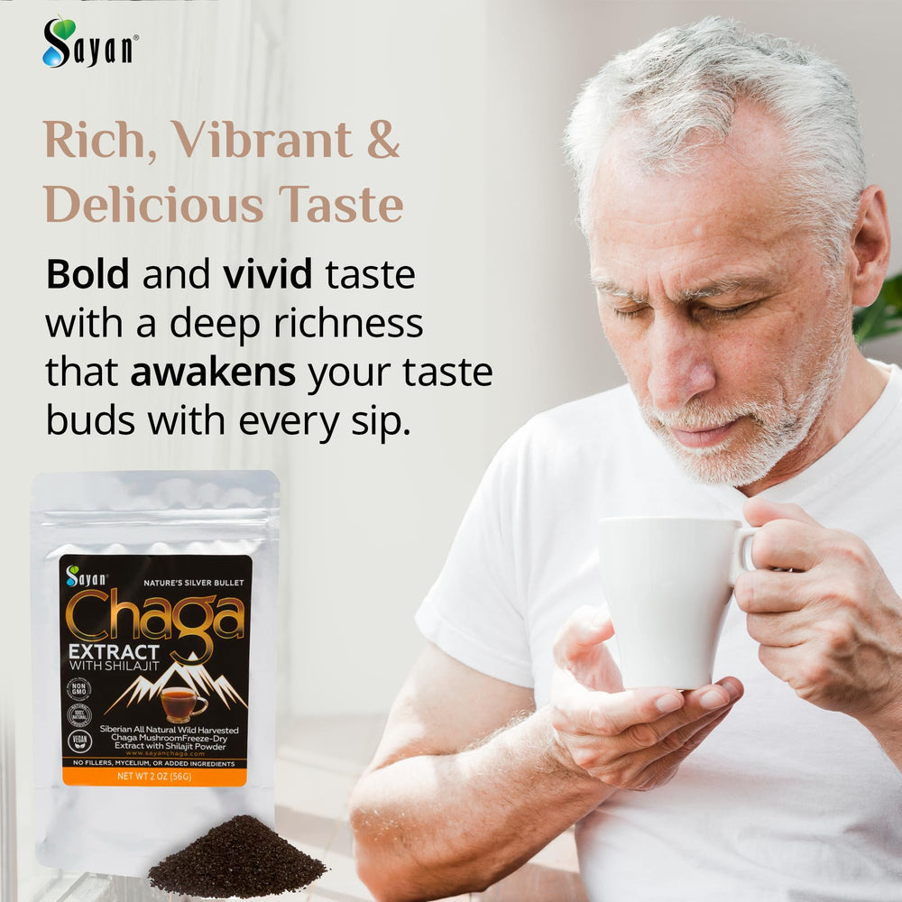 Chaga shilajit powder teaspoon shows convenient daily dose for energy and digestion.