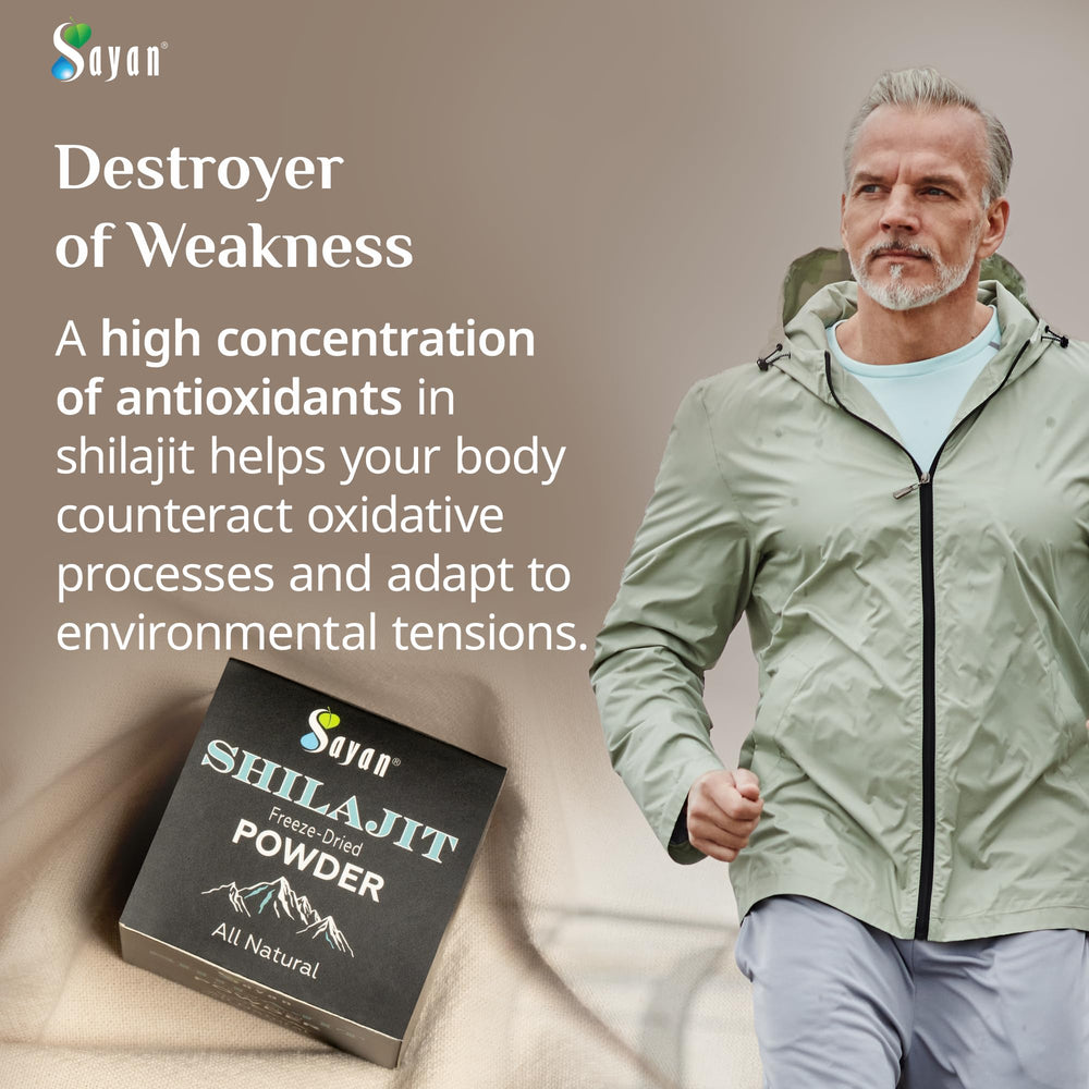 Sayan Pure Shilajit Powder freeze-dry icon showing fulvic acid potency for vitality.